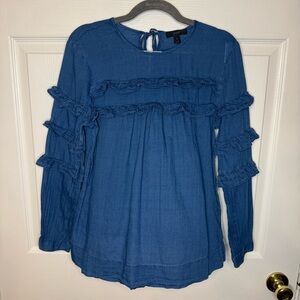 J. Crew Indigo Ruffle Trim Long Sleeved Blouse Size 2 GUC